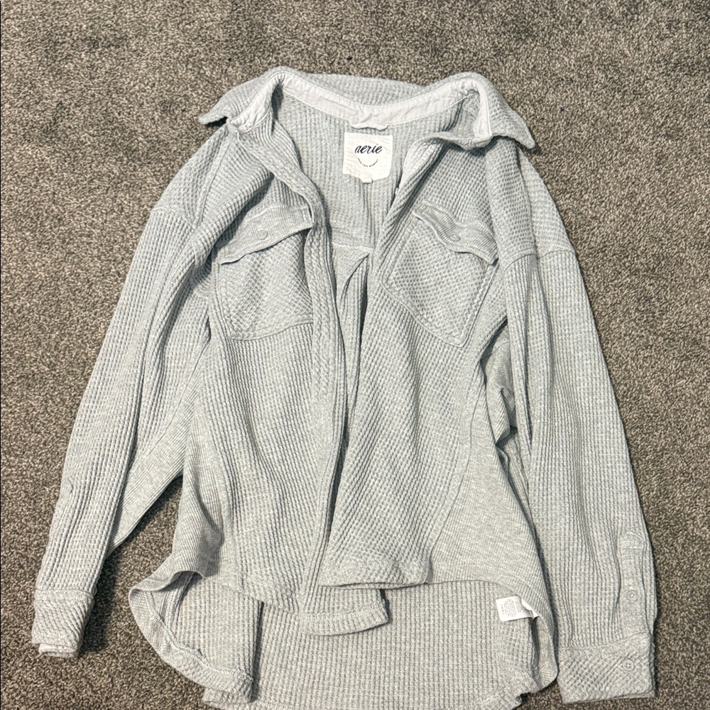 Aerie Gray Waffle Knit Button-Up Shirt